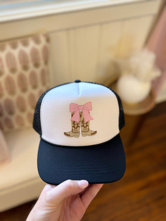 Pink Bow Cowboy Boot Trucker Hat