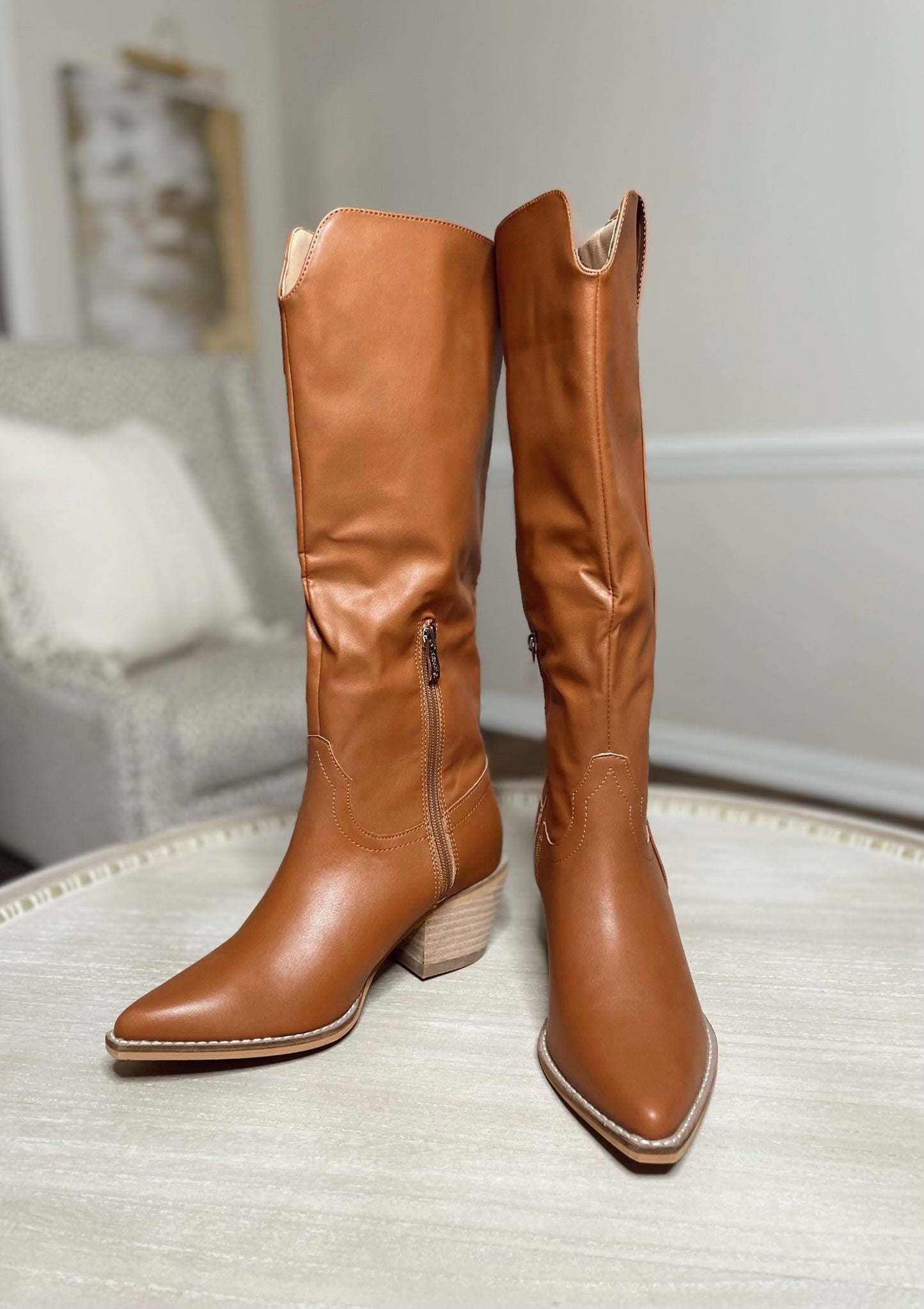 Carrie Cowboy Knee High Boots-Camel