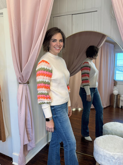 Colorful Sleeve Cream Sweater