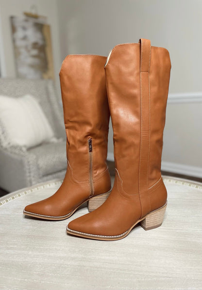 Carrie Cowboy Knee High Boots-Camel