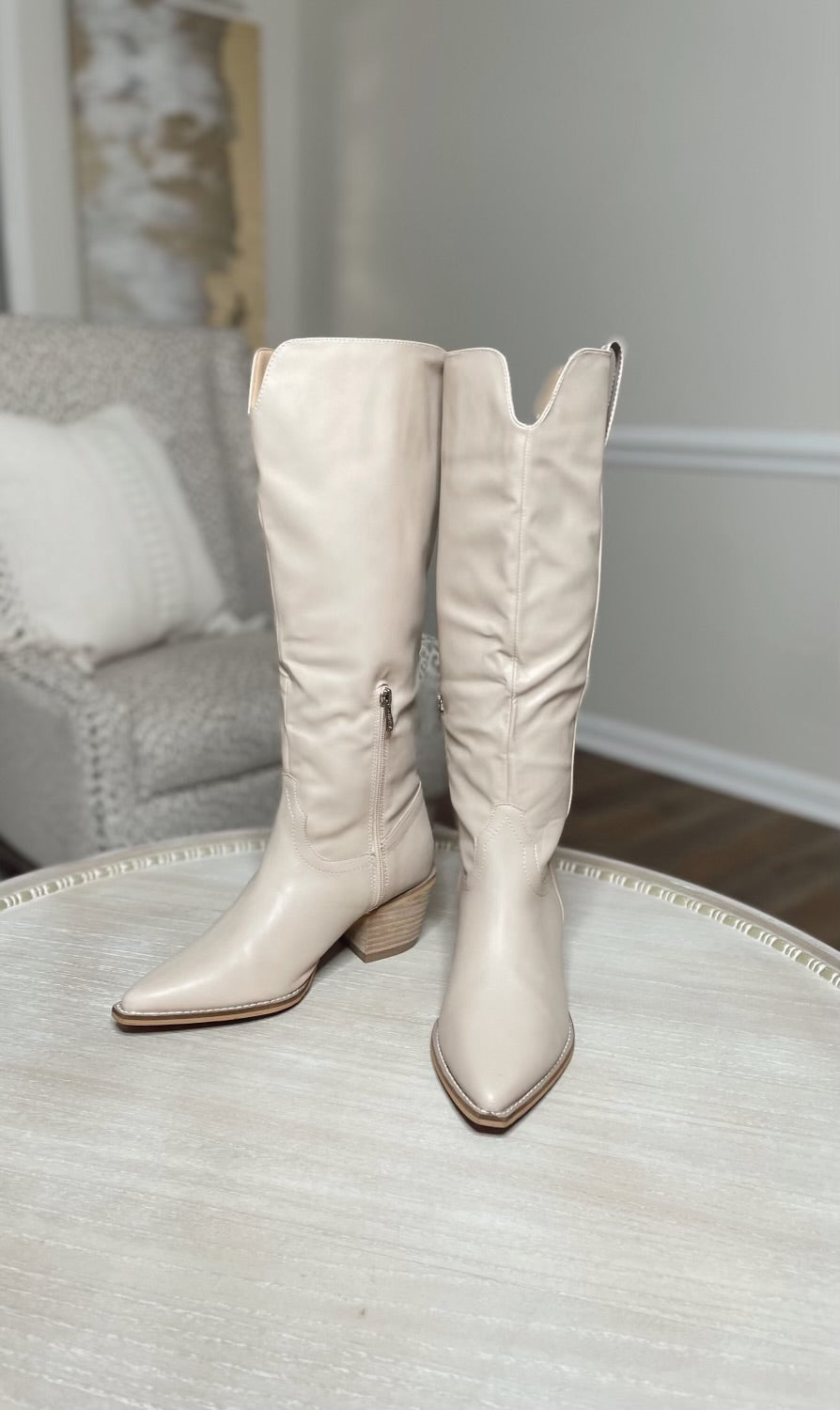 Carrie Cowboy Knee High Boots-Cream