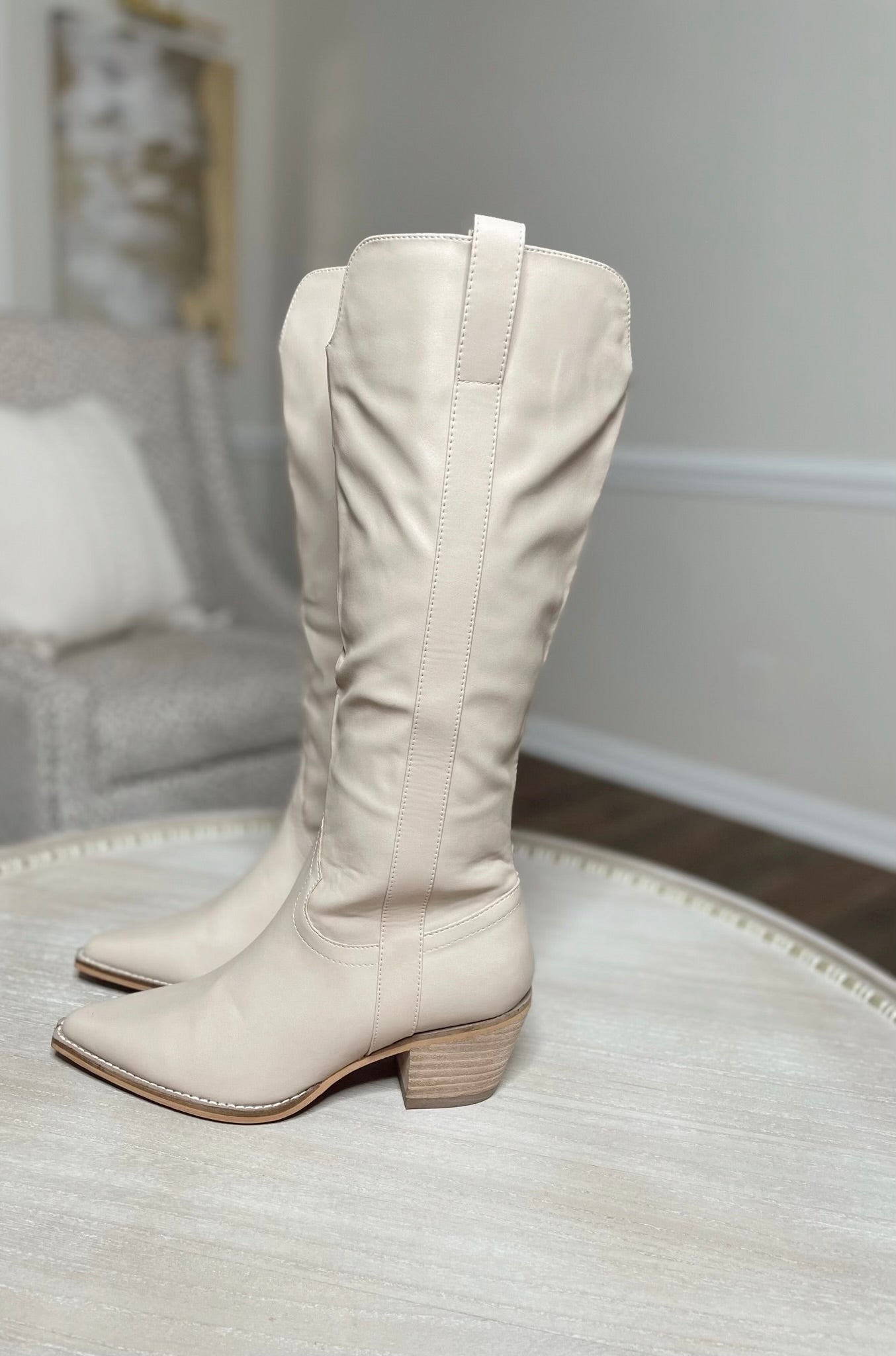 Carrie Cowboy Knee High Boots-Cream